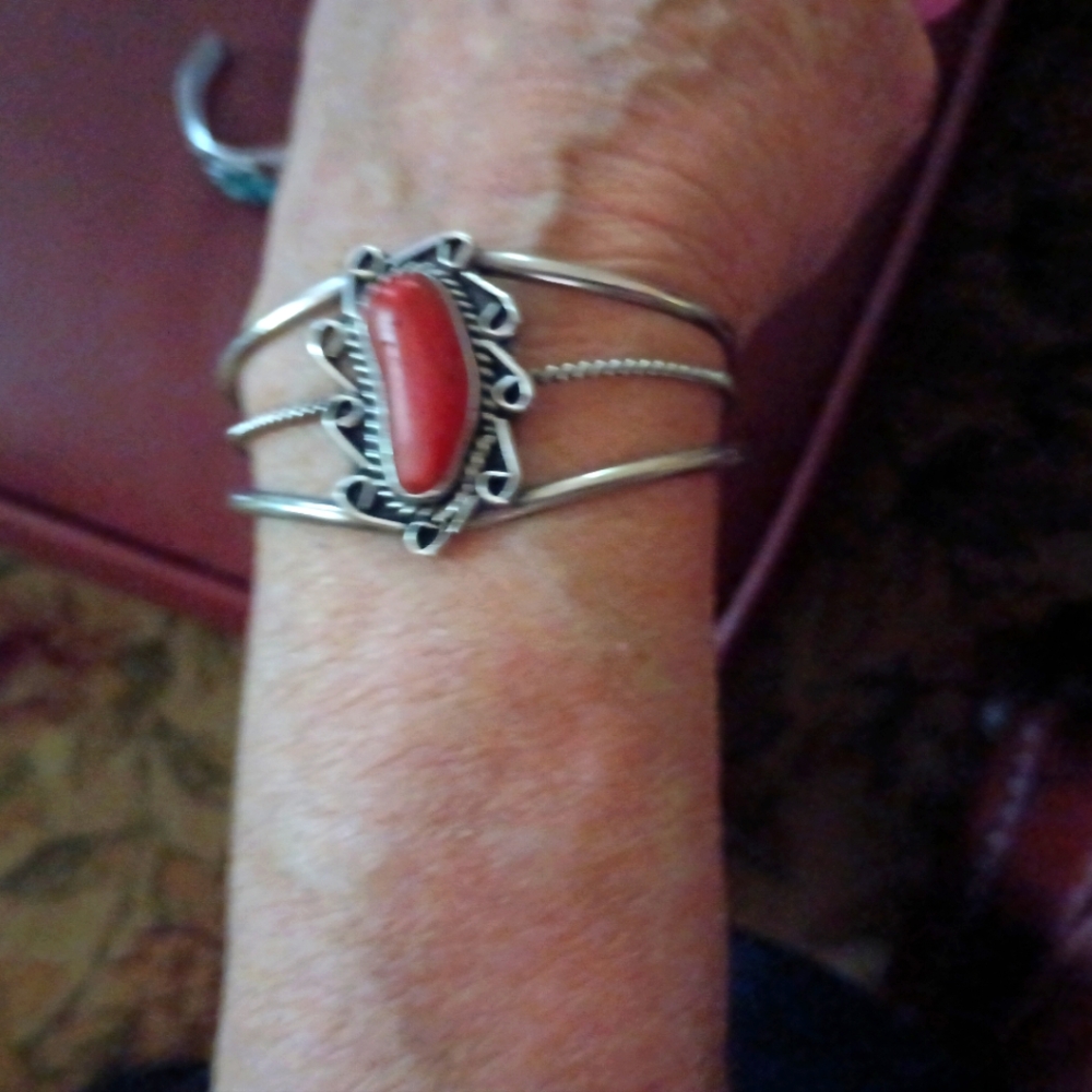 Elegant Sterling Silver and Red Coral Bracelet Stamped
